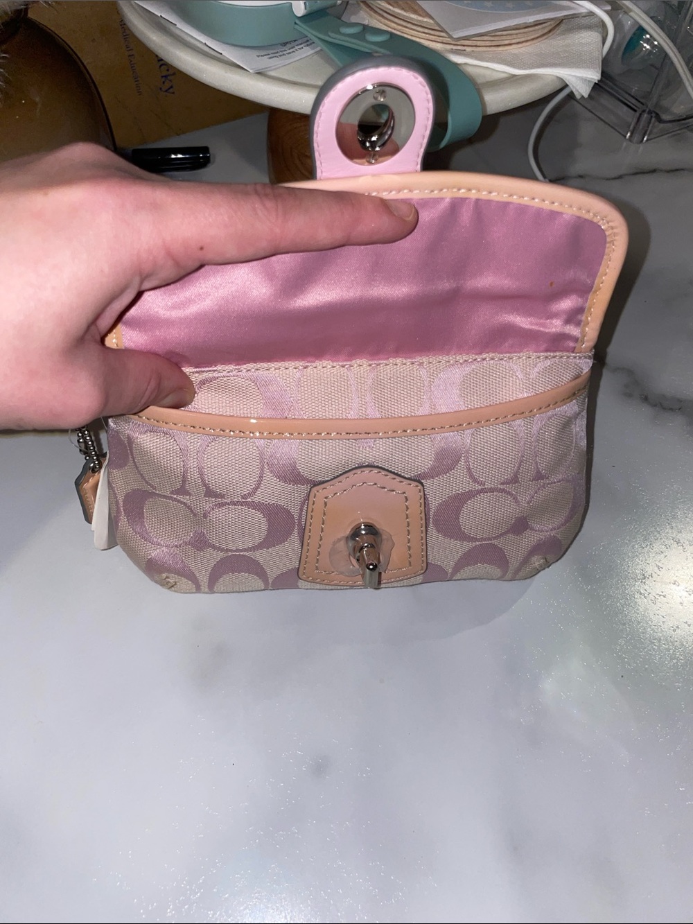 Coach Pink Signature Wristlet with Tan Leather Trim - Picture 3 of 6